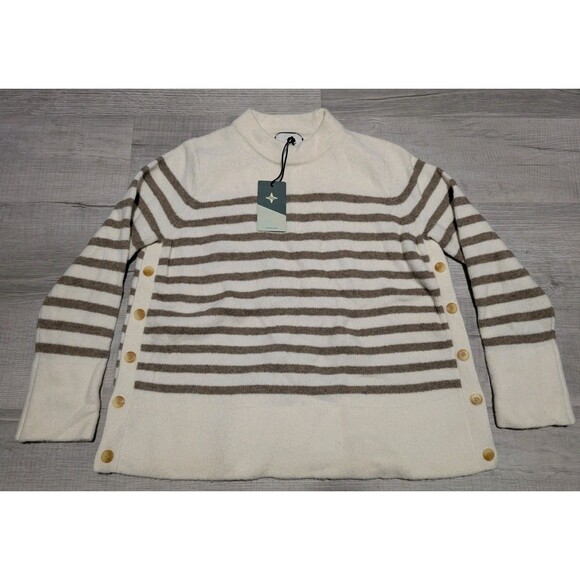 Tuckernuck Bar Harbor Ivory Tan Stripe Button Side Sweater Women's Sz Medium NWT - Picture 1 of 9